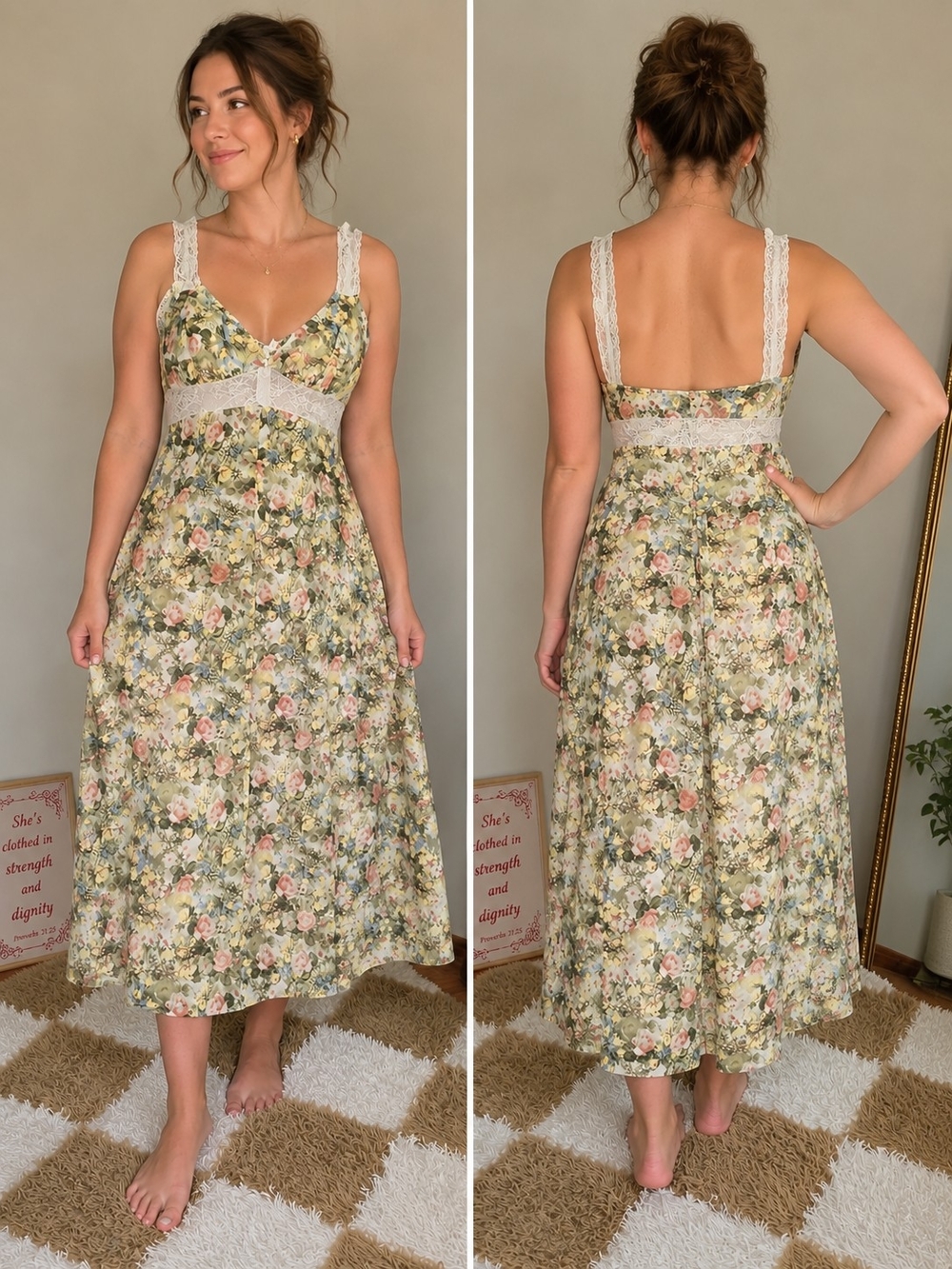DANIELLE BERNSTEIN Floral Midi Dress in Green and Pink with Lace